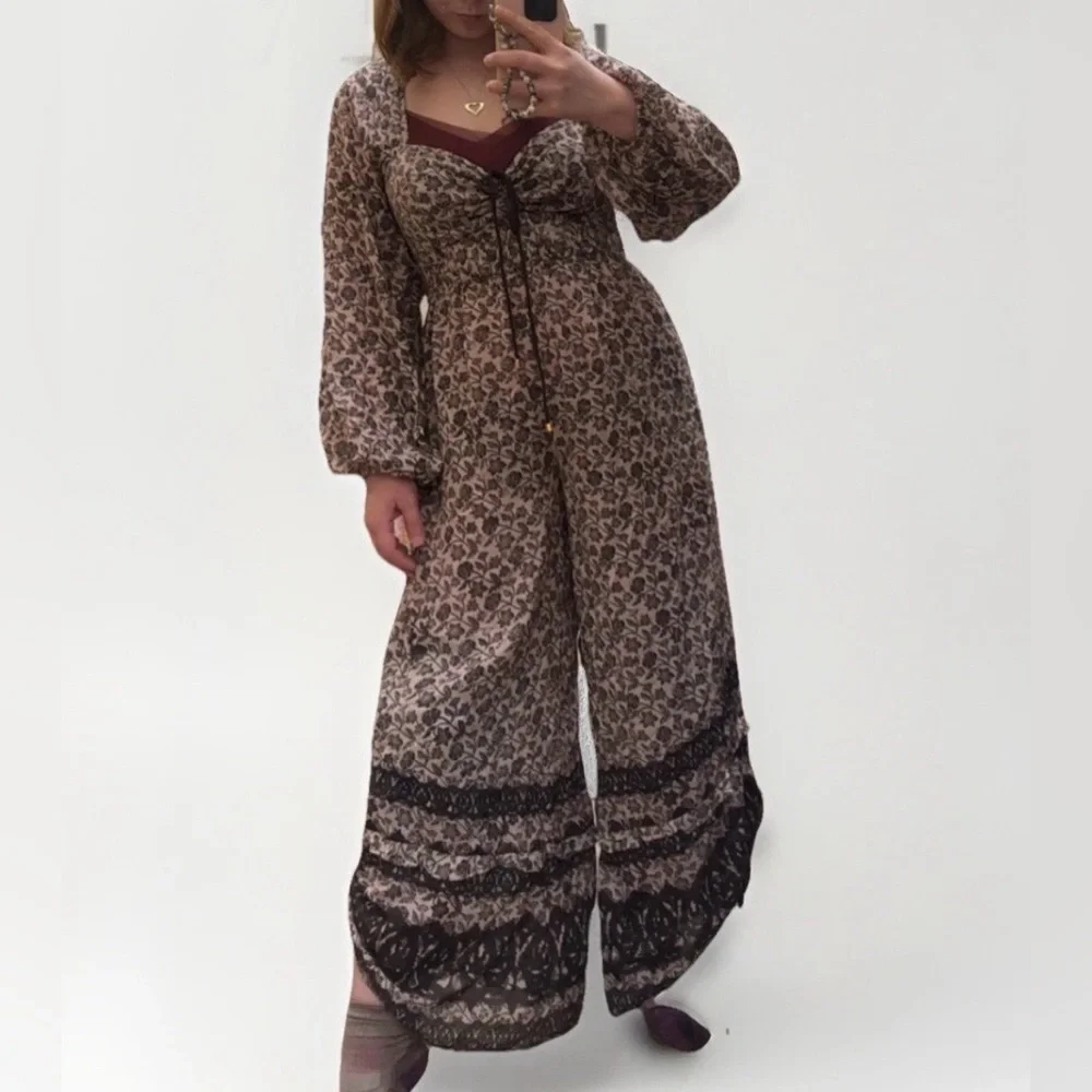 Free People Soulmate Balloon Leg Jumpsuit Long Sleeve Boho Neutral Floral  Sz M